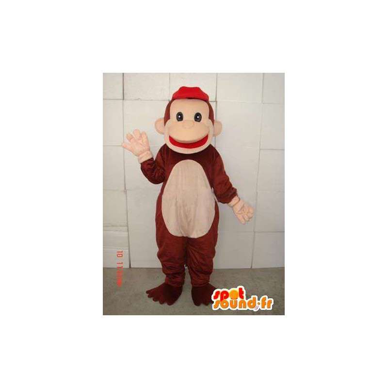 Macaco mascote castanho e beige com tampão vermelho - Mascotes macacos - MASFR00686 - SpotSound.fr