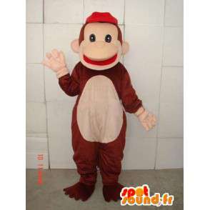 Macaco mascote castanho e beige com tampão vermelho - Mascotes macacos - MASFR00686 - SpotSound.fr