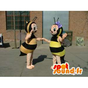 Kaksinkertainen puku maskotteja keltainen ja musta raidallinen mehiläiset - MASFR00690 - Bee Mascot