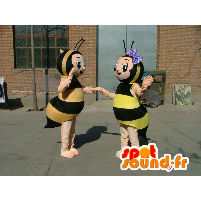 Costume double de mascottes d'abeilles jaunes et noires rayées - MASFR00690 - Mascottes Abeille