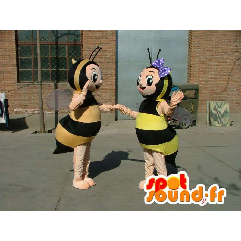 Double kostuum mascottes van geel en zwart gestreepte bijen - MASFR00690 - Bee Mascot