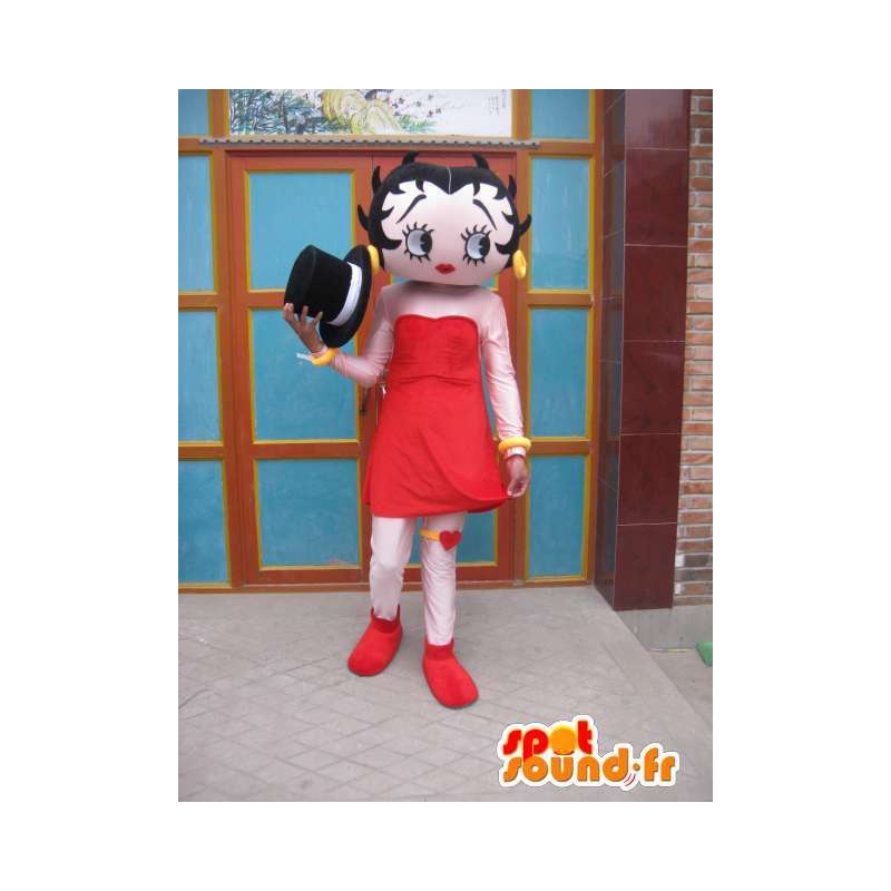 Maskot blyg flicka med röd kjol och svart hatt - Spotsound
