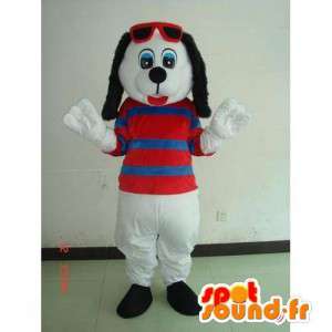 Maskottchen-Hund mit Sommer-weiß gestreiften T-Shirt und roten Gläsern - MASFR00701 - Hund-Maskottchen