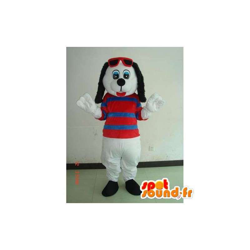 Mascotte chien d'été blanc avec t-shirt rayé et lunettes rouges - MASFR00701 - Mascottes de chien