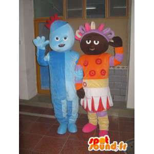 Couple de bonhomme troll bleu et princesse afro colorée orange - MASFR00706 - Mascottes Homme