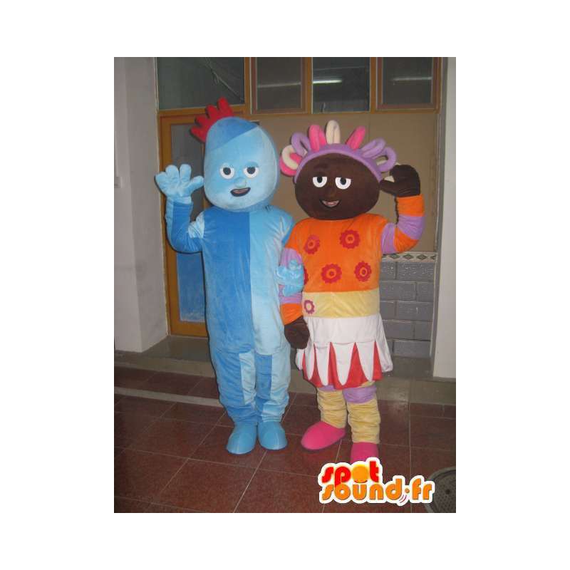 Coppia uomo e troll principessa di colore blu arancio afro - MASFR00706 - Umani mascotte