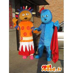 Coppia uomo e troll principessa di colore blu arancio afro - MASFR00706 - Umani mascotte