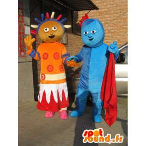 Coppia uomo e troll principessa di colore blu arancio afro - MASFR00706 - Umani mascotte