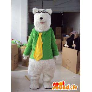 Maskot medvídek se žlutou kravatu na krátkozraké zelené sako  - MASFR00714 - Bear Mascot