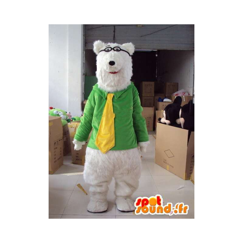 Mascot urso de pelúcia com laço amarelo na jaqueta verde míope  - MASFR00714 - mascote do urso
