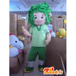 Mascotte joueur de football tout vert avec cheveux en pagaille - MASFR00716 - Mascotte sportives