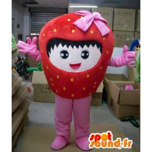 Jordbær maskot med rosa sløyfe og jente karakter - MASFR00717 - frukt Mascot