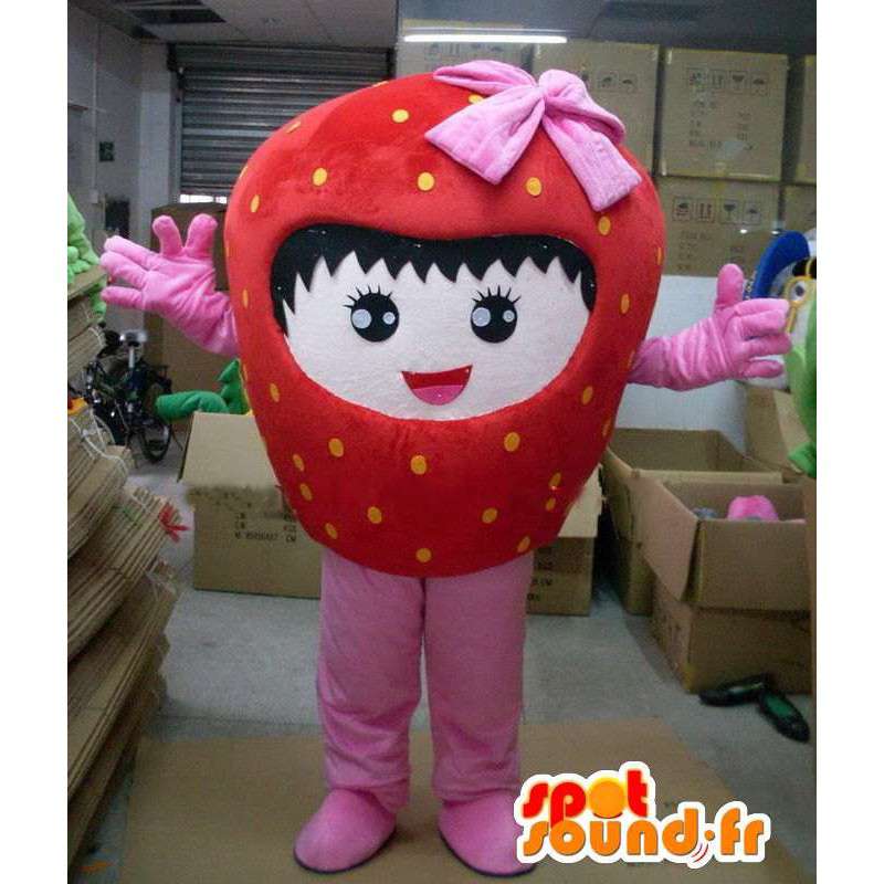 Mansikka maskotti vaaleanpunainen nauha ja tyttö luonne - MASFR00717 - hedelmä Mascot