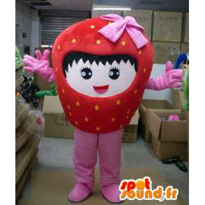 Mansikka maskotti vaaleanpunainen nauha ja tyttö luonne - MASFR00717 - hedelmä Mascot