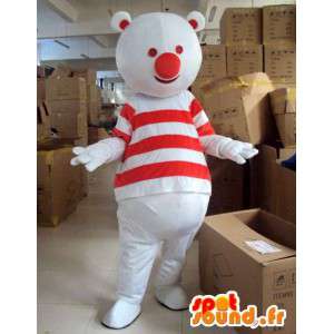 Homem urso vermelho e branco da mascote com camisa listrada  - MASFR00723 - mascote do urso