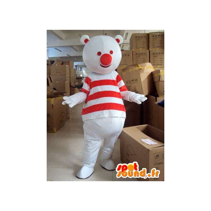 Homem urso vermelho e branco da mascote com camisa listrada  - MASFR00723 - mascote do urso