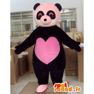 Mascotte ours noir avec grand cœur rose plein d'amour au centre  - MASFR00724 - Mascotte d'ours
