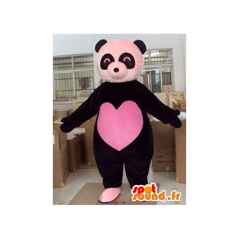 Mascota del oso negro con el corazón rosado grande lleno de amor hacia el centro - MASFR00724 - Oso mascota