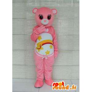Pink bjørn maskot med striber og stjerneskud. Kan tilpasses -