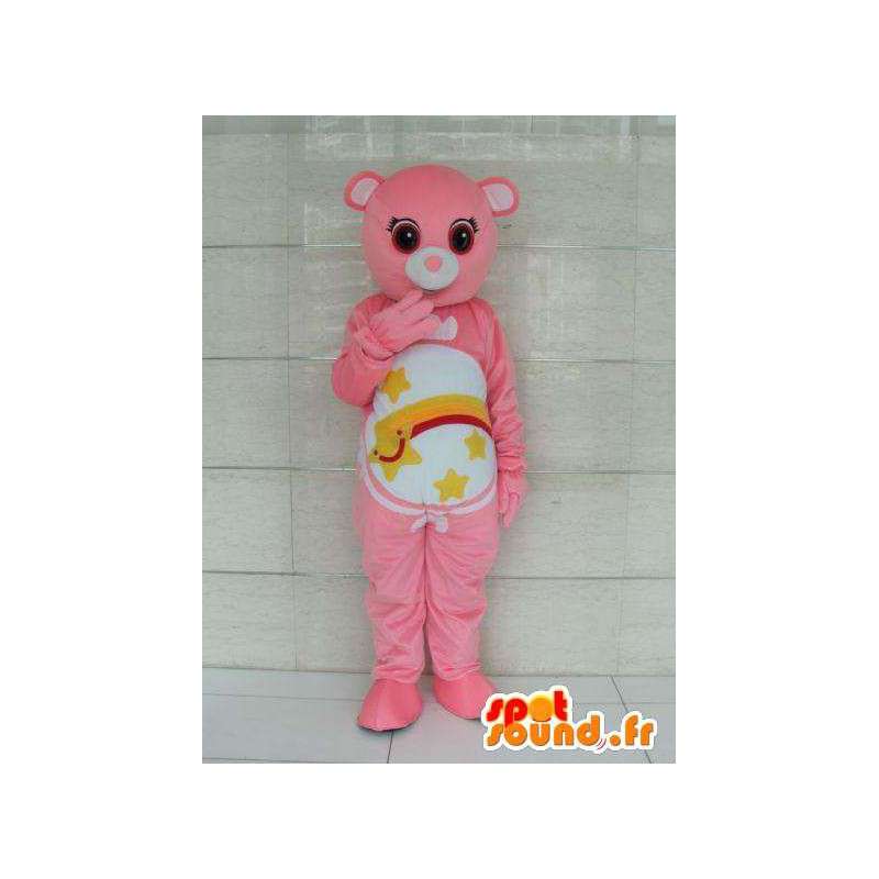 Pink bjørn maskot med striber og stjerneskud. Kan tilpasses -