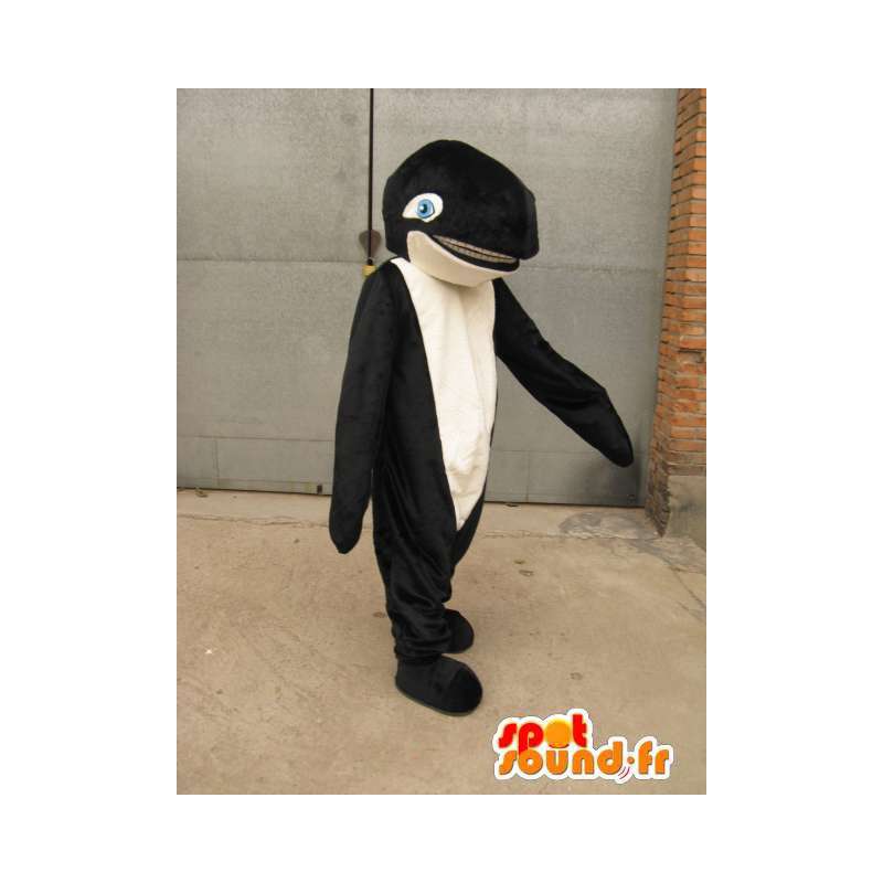 Whale mascot black and white with blue eyes and fins - MASFR00730 - Mascots of the ocean