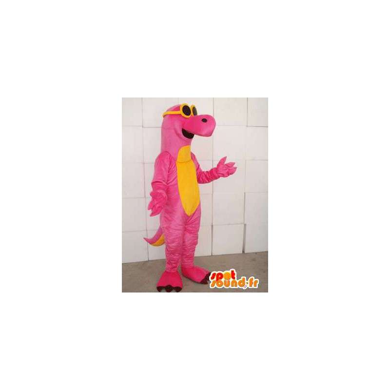 Mascotte de dinosaure rose et jaune avec des lunettes jaune - MASFR00748 - Mascottes Dinosaure