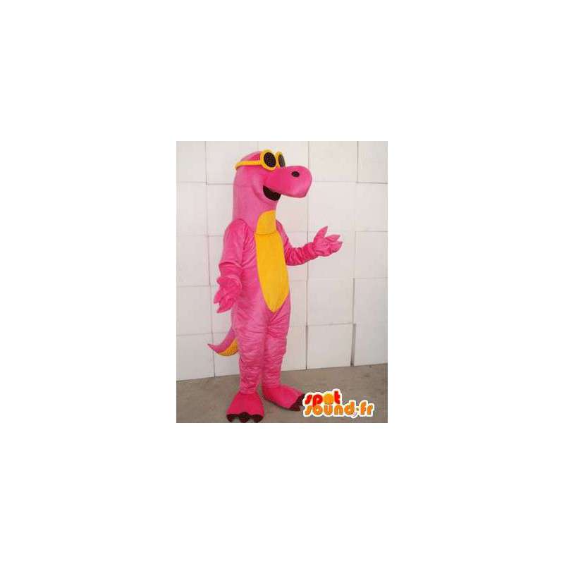 Rosa e amarelo mascote do dinossauro com vidros amarelos - MASFR00748 - Mascot Dinosaur