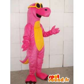 Lyserød og gul dinosaur-maskot med gule briller - Spotsound