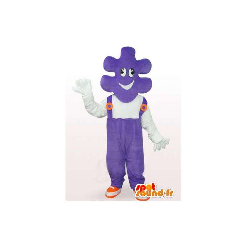 Mascotte de puzzle avec salopette violette et t-shirt blanc - MASFR00757 - Mascottes d'objets