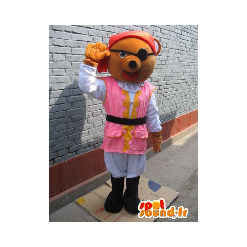 Bear mascot pirate pink tunic, red hat and cover eye - MASFR00773 - Bear mascot