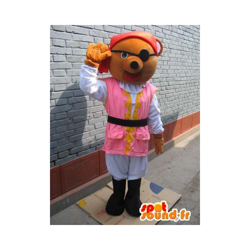 Mascote do pirata Bears: túnica cor de rosa, chapéu vermelho e tapa-olho - MASFR00773 - mascote do urso