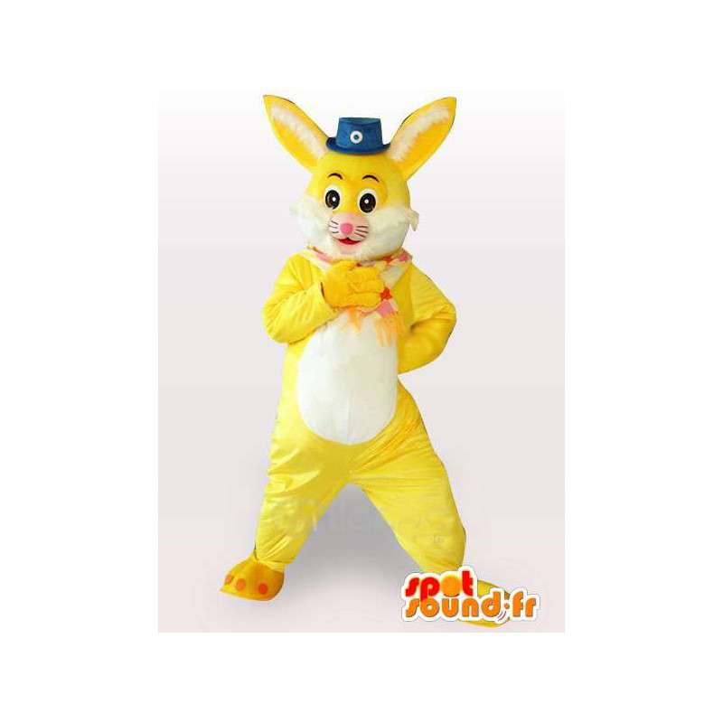 Mascotte de lapin jaune et blanc avec petit chapeau de cirque - MASFR00783 - Mascotte de lapins