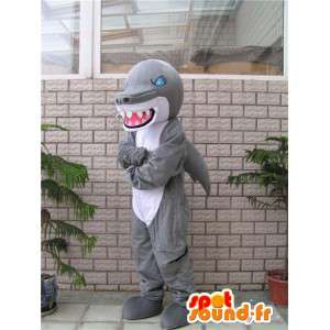 Maskot ošklivý dinosaurus žraločí šedá a bílá s modrýma očima - MASFR00640 - Dinosaur Maskot