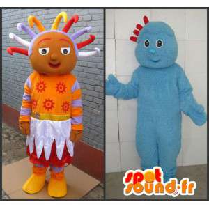 Coppia uomo e troll principessa di colore blu arancio afro - MASFR00706 - Umani mascotte