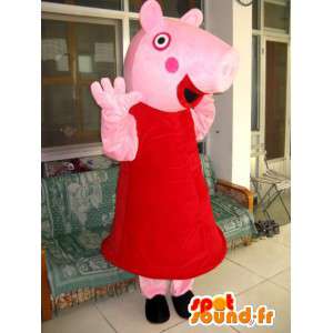 Traje porco cor de rosa com seu acessório no vestido vermelho - MASFR00804 - mascotes porco