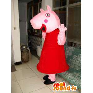 赤いドレスのアクセサリーとピンクの雌豚の衣装-MASFR00804-豚のマスコット