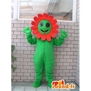 Grøn plante maskot med sin specielle røde blomsterhalo -