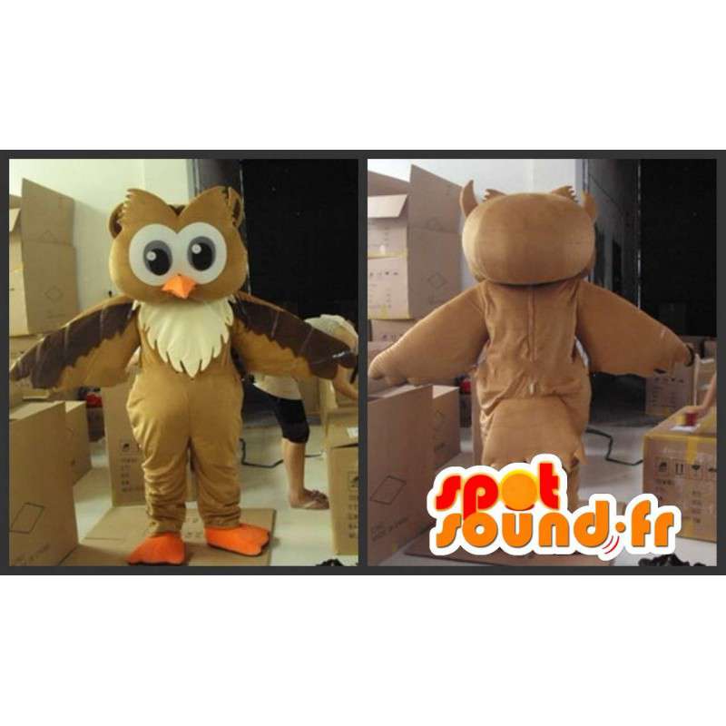 Mascot gufo marrone e beige con accessori di festa - MASFR00809 - Mascotte degli uccelli Mascot gufo marrone e beige con accessori di festa - MASFR00809 - Mascotte degli uccelli