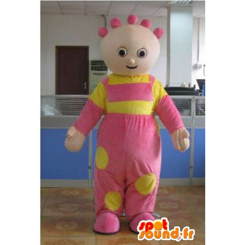 Baby pige maskot med sin festlige lyserøde og gule tunika -