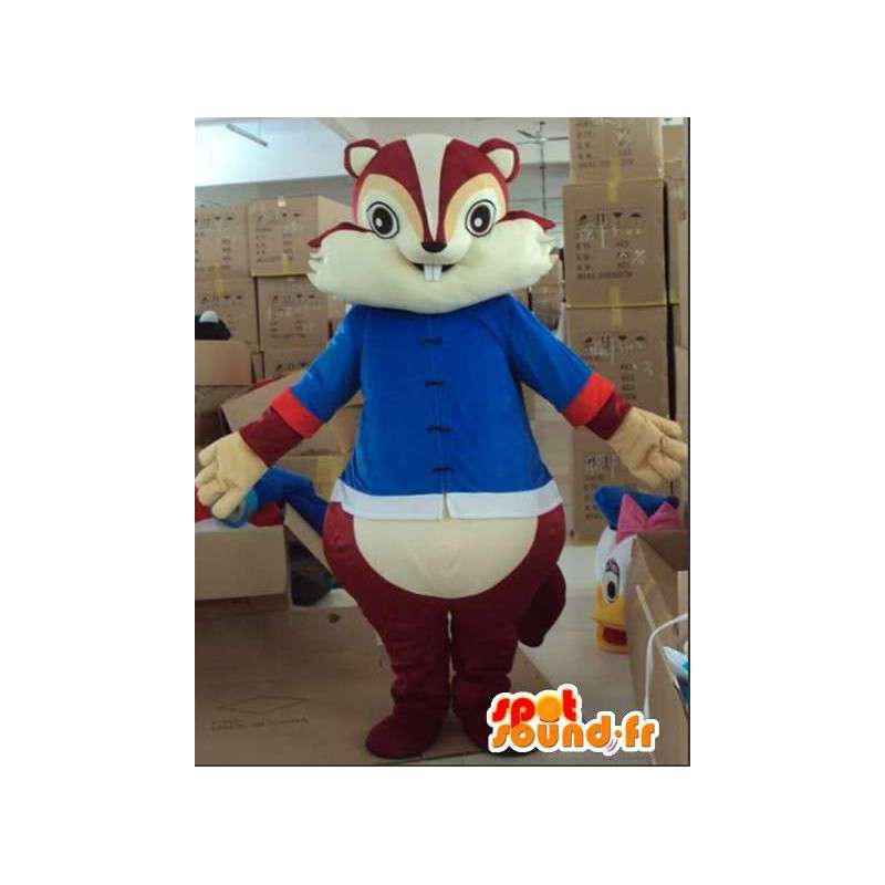 Mascot tic esquilo tac castanho e com túnica azul - MASFR00815 - mascotes Squirrel