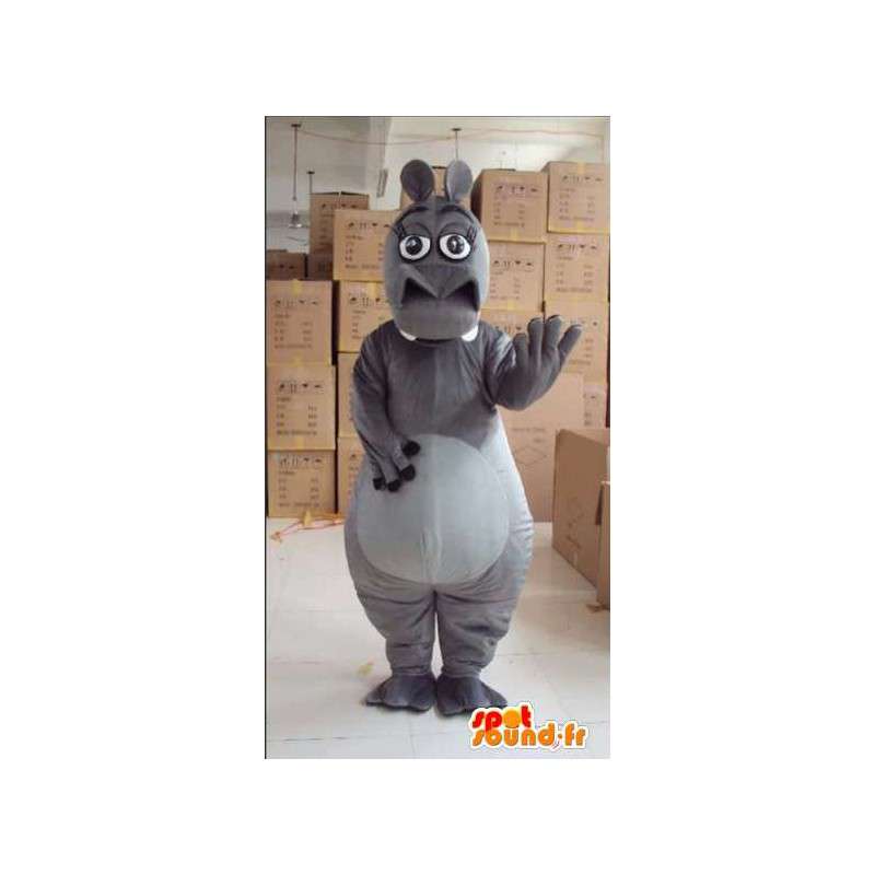 Grijs nijlpaard mascotte vrouw met handschoenen en accessoires - MASFR00817 - Hippo Mascottes