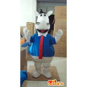 Mascote do cavalo branco com camisa azul e gravata vermelha - MASFR00818 - mascotes cavalo