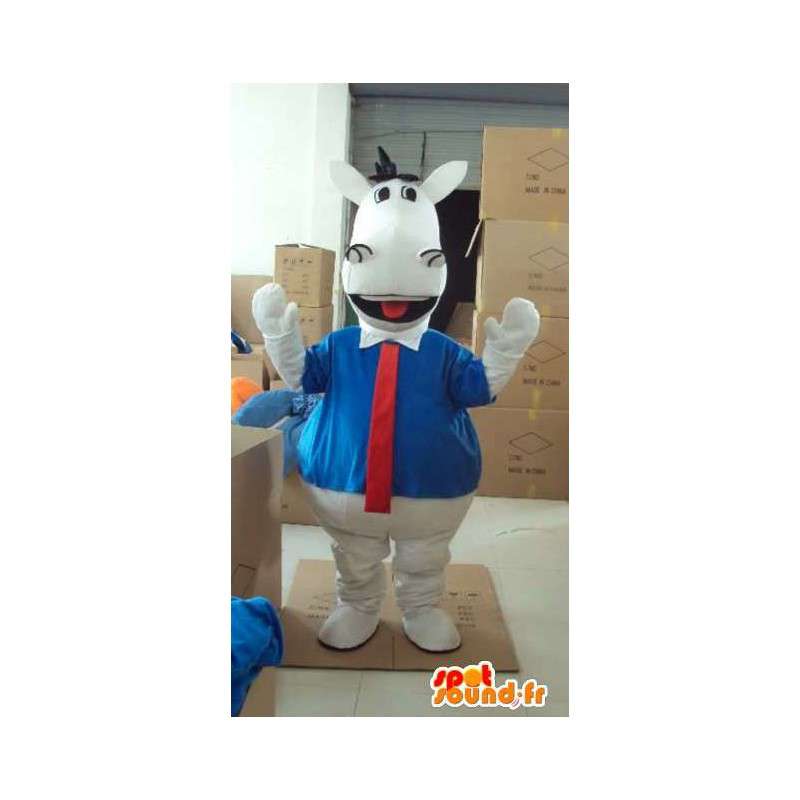 青いTシャツと赤いネクタイが付いた白い馬のマスコット-MASFR00818-馬のマスコット