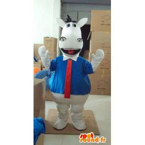 Bílý kůň maskot s modrou košili a kravatě - MASFR00818 - kůň maskoti