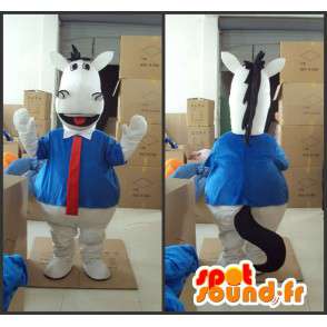 Mascote do cavalo branco com camisa azul e gravata vermelha - MASFR00818 - mascotes cavalo