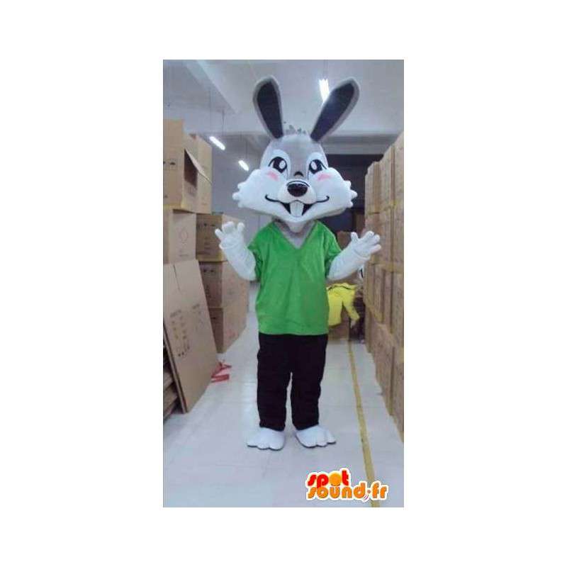 Mascota de conejo gris con la camiseta verde y pantalones - MASFR00819 - Mascota de conejo