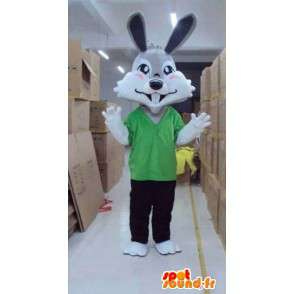 Mascotte de lapin gris avec t-shirt vert et pantalon - MASFR00819 - Mascotte de lapins