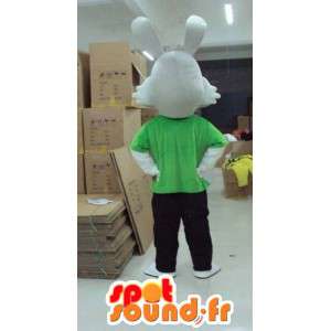 Coniglio grigio con mascotte verde t-shirt e pantaloni - MASFR00819 - Mascotte coniglio