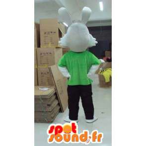 Mascota de conejo gris con la camiseta verde y pantalones - MASFR00819 - Mascota de conejo