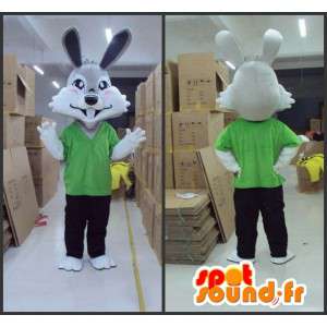 Gray rabbit mascot with green t-shirt and pants - MASFR00819 - Rabbit mascot